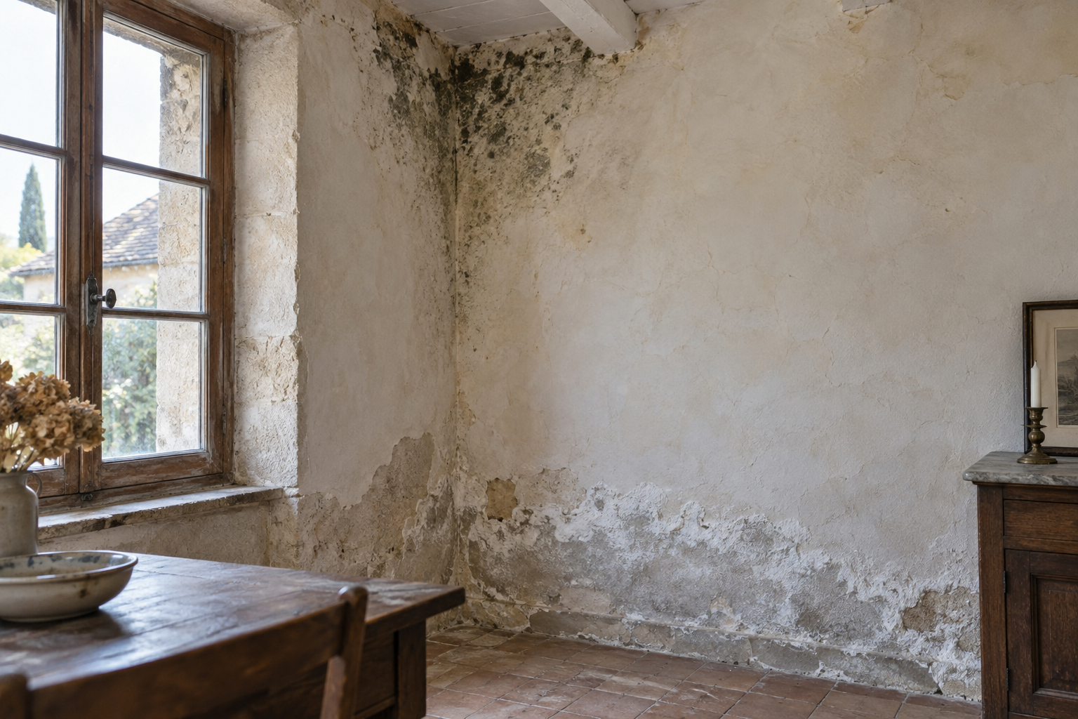 Moisissures et dépôts de salpêtre sur le mur d’une maison ancienne